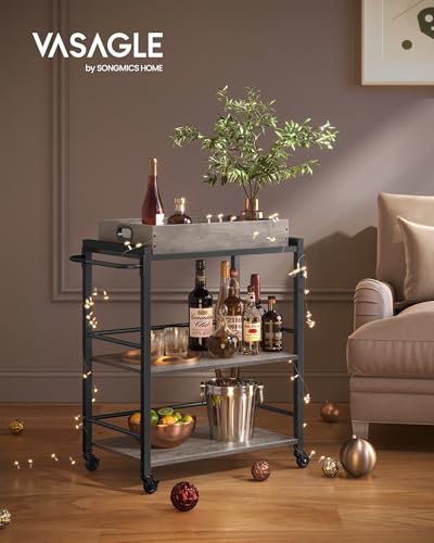 VASAGLE Kitchen Serving Cart with Removable Tray, 3-Tier Kitchen Utility Cart on Wheels with Storage, with Brakes, Leveling Feet, 15.7 x 28.3 x 33.9 Inches, Greige and Black ULRC072B02 - color: Greige + Black, size: 15.7"D x 28.3"W x 33.9"H