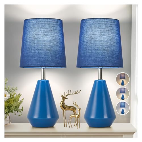 Small Bedside Table Lamp for Bedroom-Reading Desk Lamp Set of 2,with 3 Color Temperatures,15.5" Nightstand Ceramic Lamp with Fabric Shade for Kids Room,Living Room,Dorm,Home Office(Blue) - color: Blue-1, size: 15.5"