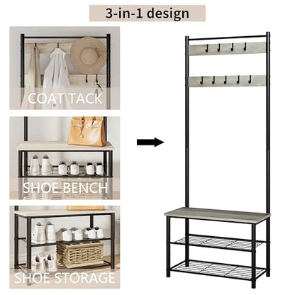 Hall Tree with Bench and Shoe Storage, 3-in-1 Coat Rack, Freestanding Wooden Coat Rack with Shoe Bench with Metal Frame, 3-Tier Storage Shelf and 9 Removable Hooks, Greige - color: Greige