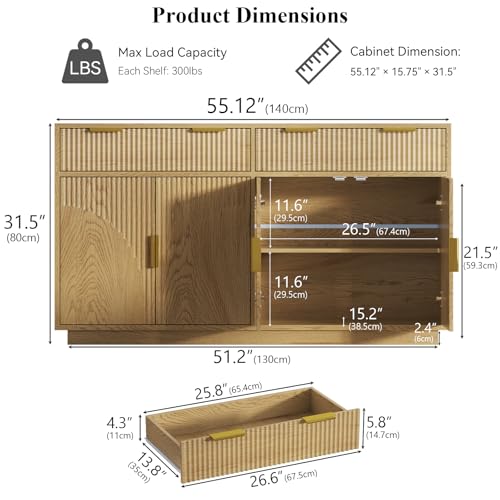 Fluted Buffet Cabinet with Storage, 55” Sideboard Cabinet with 2 Drawers | Modern Buffet Table with Arched Design Doors & Adjustable Shelves, Wooden Coffee Bar Accent Cabinet for Kitchen, Dining Room