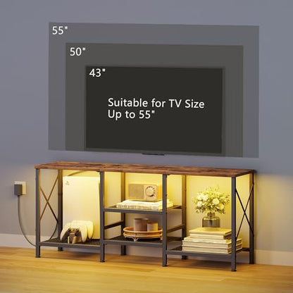 JARHETUN TV Stand with LED Lights for 55 Inch TV, Entertainment Center with 3-Tier Open Shelves, TV Console Table for Living Room, Bedroom, Rustic Brown - color: Rustic Brown With Led Light