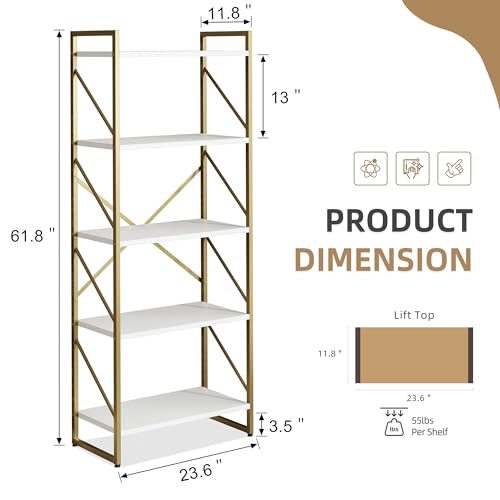 Vongrasig 5 Tier Bookshelf, Modern Tall Bookcase, Industrial Book Shelves Display Standing Shelf, Free Standing Storage Organizer for Bedroom, Living Room, White+Gold - color: White+gold