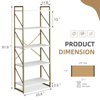 Vongrasig 5 Tier Bookshelf, Modern Tall Bookcase, Industrial Book Shelves Display Standing Shelf, Free Standing Storage Organizer for Bedroom, Living Room, White+Gold - color: White+gold