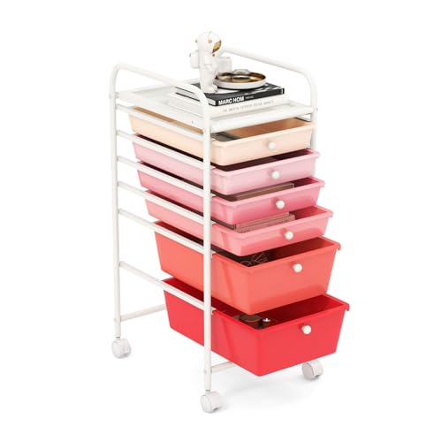GOFLAME 6-Drawer Rolling Storage Cart, Multifunctional Art Craft Organizer Cart, Mobile Utility Storage Cart with Removable Drawers & Lockable Wheels, Craft Cart for Home Office, School, Pink - color: Pink, size: 6-Drawer without Wood Top