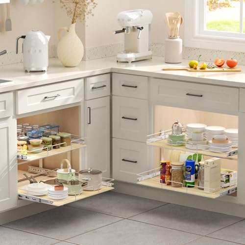 ROOMTEC 2 Tier Individual Pull Out Cabinet Organizer 31½"W x 21½"D, Slide Out Wood Shelves Organizers, Pull Out Drawers Organization and Storage for Kitchen Cabinet - size: 31½" W x 21½" D