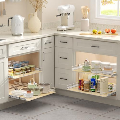 ROOMTEC 2 Tier Individual Pull Out Cabinet Organizer 28½"W x 21½"D, Slide Out Wood Shelves Organizers, Pull Out Drawers Organization and Storage for Kitchen Cabinet - size: 28½" W x 21½" D