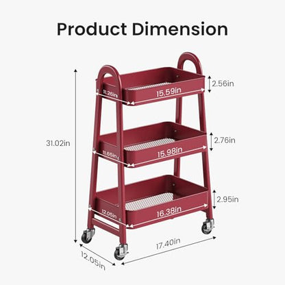 DUMOS 3 Tiers Metal Rolling Utility Cart with Lockable Wheels, Mobile Storage Organizer, Utility Shelving Unit for Kitchen, Office, Bathroom, Laundry, Narrow Places, Red - color: 3 Tiers Red