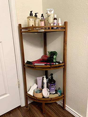Teak Corner Shower Shelf, 3 Tier, 14Wx14Lx39.5H inches, Fully Assembled, The OM