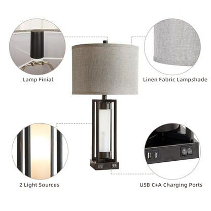 Set of 2 Modern Table Lamps for Living Room with USB C+A Ports | Rustic Nightstand Lamp with White Night Light, Retro Desk Lamp for Bedroom End Table Entryway, 4 Bulb Included (Black) - color: Black