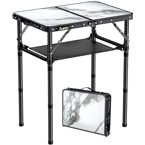 Anbte Folding Camping Table with Storage Net, 3 Adjustable Height Max 27.5" Aluminum Small Folding Table, Portable Table with Carry Handle, Lightweight, for Outdoor Indoor Travel Camping Picnic - color: White Marble Top