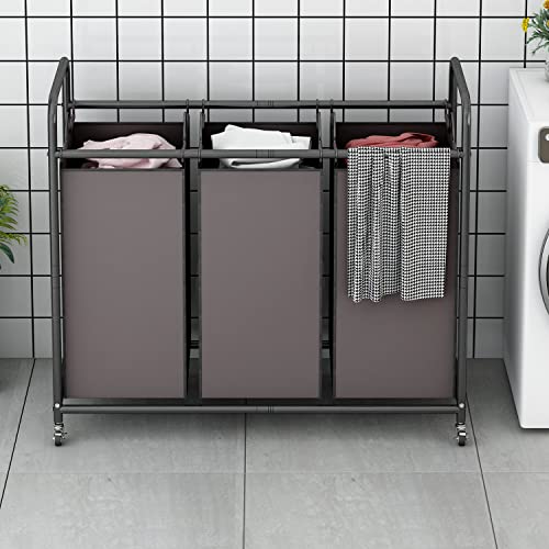LINZINAR 3-Bag Laundry Sorter,Laundry Hamper Cart with Heavy Duty Rolling Lockable Wheels and Removable Bags (Brown) | Laundry Room Organization with Heavy Duty Rolling Lockable Wheels and Removable Bag, Bedroom Laundry Cart for Clothes Storage - size: 3