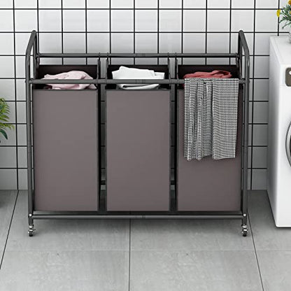 LINZINAR 3-Bag Laundry Sorter,Laundry Hamper Cart with Heavy Duty Rolling Lockable Wheels and Removable Bags (Brown) | Laundry Room Organization with Heavy Duty Rolling Lockable Wheels and Removable Bag, Bedroom Laundry Cart for Clothes Storage - size: 3