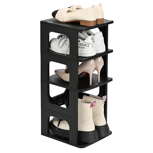 TRZZ 4-Tier Small Shoe Rack, Vertical Narrow Stackable Organizer with Removable Partition, Efficient Shoe Storage for Closet, Entryway, and Small Spaces (Black) | Removable Partition, Vertical Efficient Shoe Storage, for Closet, Entryway, Small Spaces - c