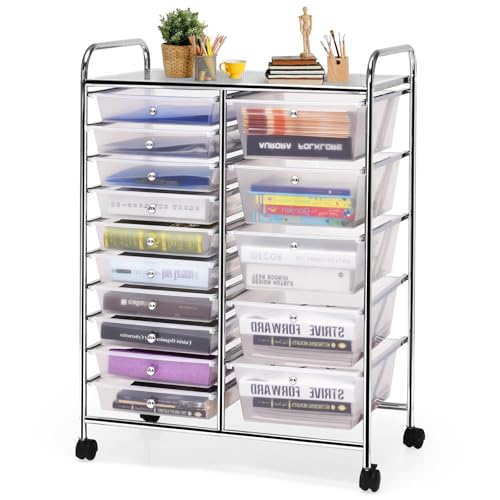 GLACER 15 Drawers Rolling Storage Cart, Steel Frame Craft Organizer Cart | Utility Cart w/Lockable Wheels & Sleek Handle, Mobile Art & Tool Supply Trolley for Teacher, Home, School, Office (Clear) - color: Clear, size: 15 Drawers (5 Big +10 Small)