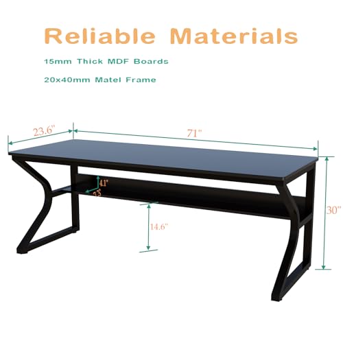 OSCHF Extra Long Desk with Bookshelf - 71" Double Long Writing Table for 2-Person Workstation, Modern Study Work Computer Desk for Home and Office, Black | Double Long Writing Table, Space-saving, 2-Person Workstation, Modern Study Work Computer Desk, Sui