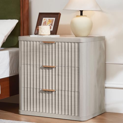 LEYAOYAO Fluted Nightstand with Charging Station, 23" Wide 3 Drawers Night Stand,LightGrey End Table with Open Storage,Farmhouse Bed Side Tables, Wood Dresser for Bedroom, Living Room, Closet - color: Light Grey, size: 3 Drawers
