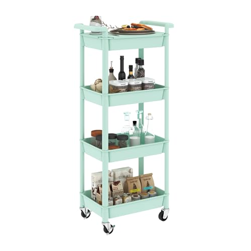 STEEHOOM Utility cart with Tabletop 4 Tier Rolling Cart Organizer with Wheels Movable Storage Cart for Office, Living Room, Kitchen, Craft Room, Green - color: Green, size: 4-Tier