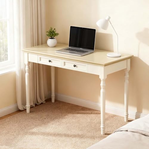 Beige Writing Desks with Drawers, 47" French Country Style | Solid Wood Farmhouse Computer Desk for Home Office, Living Room Study or Workspace - color: Beige, size: 47 inches