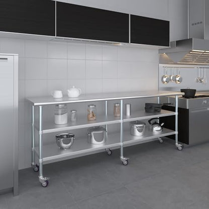 AmGood Stainless Steel Work Table with 2 Shelves and Casters | Metal Utility Table On Wheels (Stainless Steel, 96" Long x 24" Deep) - size: 96" Long x 24" Deep