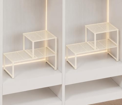 Extendable Metal Wire Shelf Organizer - Adjustable 15-24.4in Length, Stackable Storage Rack for Kitchen/Pantry/Bathroom/Shoe Cabinet/Tool Closet (Cream, 4 Pack) - color: Cream, size: 4 Pack