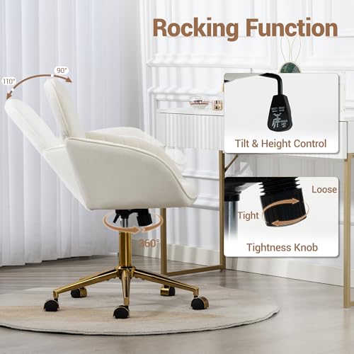 Velvet Make Up Vanity Chair with Wheels and Gold Base 330 Lbs - Beige | Home office Chair, Study Chair, Teacher Chair, Cute Chair, Height Adjustable Swivel Desk Chair, for Living Room Study Room - color: Beige