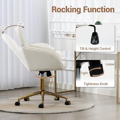 Velvet Make Up Vanity Chair with Wheels and Gold Base 330 Lbs - Beige | Home office Chair, Study Chair, Teacher Chair, Cute Chair, Height Adjustable Swivel Desk Chair, for Living Room Study Room - color: Beige
