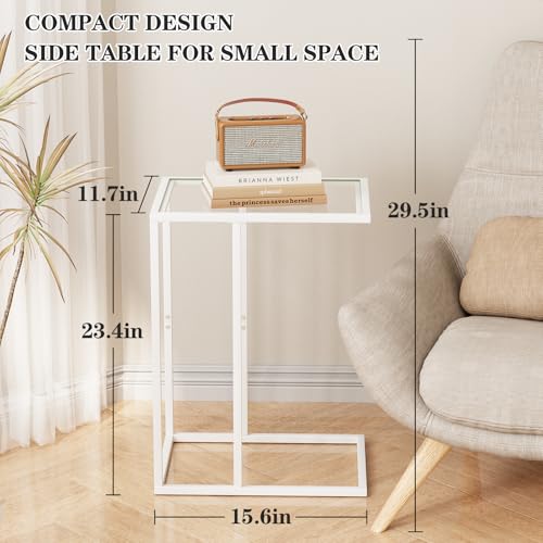 Easy Paws Small C Shaped Table for Sofa,Glass Couch Sofa Tray Snack Table for Living Room, Bedroom,TV Tray Table for Small Space,Accent Coffee Table,Nightstand with Metal Frame(White) - color: White