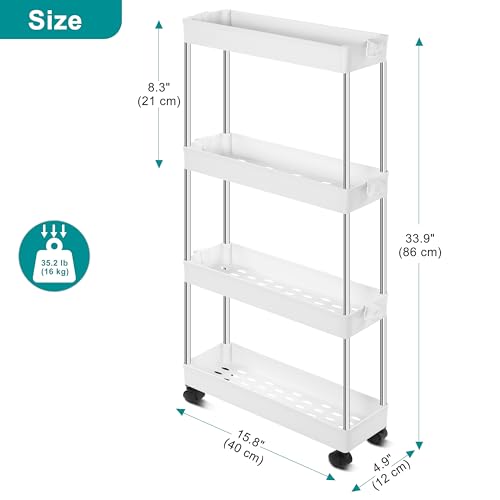 YSSOA Rolling Storage Cart, 4 Tier Slim Mobile Shelving Unit for Storage,360° Rotating Wheel Lockable Utility Cart,Great for Office, Kitchen, Bathroom, Laundry or Narrow Spaces, White - size: 4-Tier 16"Dx5"Wx33"H