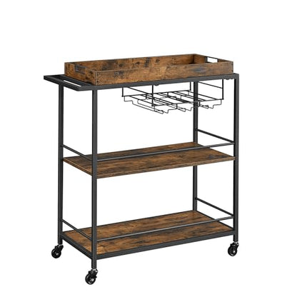 VASAGLE Kitchen Serving Cart with Removable Tray, 3-Tier Kitchen Utility Cart on Wheels with Storage, with Brakes, Leveling Feet, 15.7 x 34.6 x 37.8 Inches, Rustic Brown and Black ULRC093B01 - color: Rustic Brown + Black, size: 15.7"D x 34.6"W x 37.8"H