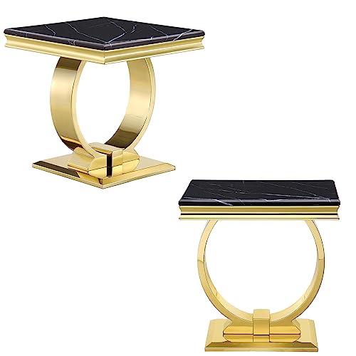 Asday Gold End Table Set of 2, Modern Black Living Room Side Table with Gold Metal U-Base, Square End Table for Sofa Couch, Living Room, Bedroom, Office - color: Black, size: Set of 2