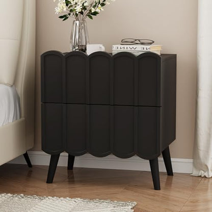 Modern Fluted Nightstand for Bedroom, Black Wood Bedside Table | End Side Table with Arch Curved Design, Night Stand with 2 Drawer - color: Black, size: 1 Pack
