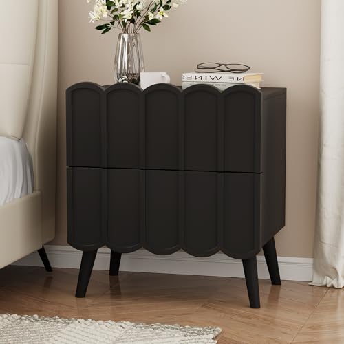 Modern Set of 2 Fluted Nightstand for Bedroom, Black Wood Bedside Table | End Side Table with Arch Curved Design, Night Stand with 2 Drawer - color: Black, size: 2 Pack