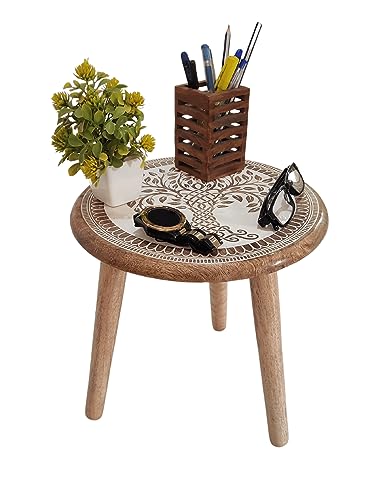 VANIYA CRAFTS® Wooden Engraved Fold-able Side Table/End Table/Plant Stand/Stool for Living Room Bedroom Restaurant Kids Play Furniture Table Round Shape (Natural White 3) - color: Natural White 3