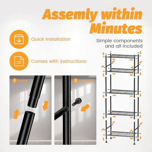 Abiglifty Storage Shelves, 5 Tier Metal Shelf Organizer, Garage Shelving with Adjustable Leveling Feet, Shelves Organizer for Bathroom, Closet, Garage, 18" x 12" x 57", Black - size: 5 Tier