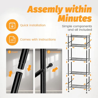 Abiglifty Storage Shelves, 5 Tier Metal Shelf Organizer, Garage Shelving with Adjustable Leveling Feet, Shelves Organizer for Bathroom, Closet, Garage, 18" x 12" x 57", Black - size: 5 Tier