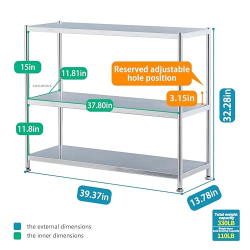 susunnus Stainless Steel Shelves 39.4in-3 Tier, Stainless Steel Shelf Organizer, Kitchen Storage Shelves, Artistic Texture, Pragmatic & Sturdy & Waterproof - size: 39.4in*13.8in-3T