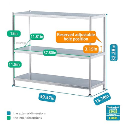 susunnus Stainless Steel Shelves 39.4in-3 Tier, Stainless Steel Shelf Organizer, Kitchen Storage Shelves, Artistic Texture, Pragmatic & Sturdy & Waterproof - size: 39.4in*13.8in-3T