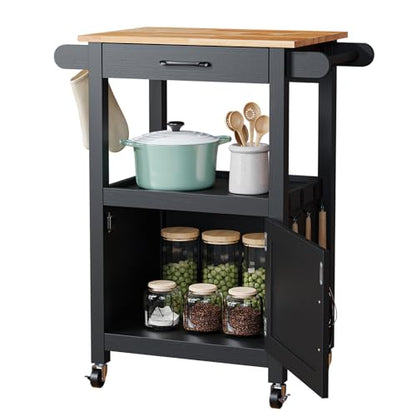 VINGLI Rolling Kitchen Cart with Microwave Stand, Storage Cabinet & Drawer, Small Coffee Cart with Side Hooks & Towel Rods, Compact Kitchen Island on Swivel Wheels, Black - color: Black, size: 33"