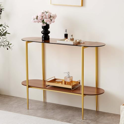 LumFurn Oval Glass Console Table for Living Room, Foyer & Entrance, 2-Tiers Mid-Century Modern Sofa Table with Amber Glass Top, Walnut Finish Wood Top and Gold Finish Metal Frame - color: Amber & Walnut, size: L41" Oval Sofa Table