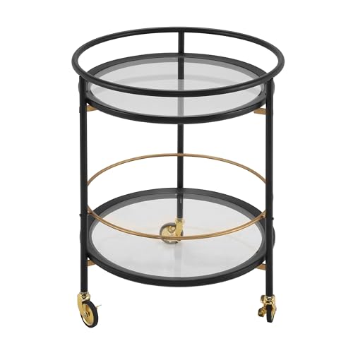 GDFStudio Modern Round Bar Cart with Dual Tempered Glass Shelves, Lockable Wheels and Gold Metal Accents, Rolling Beverage Serving Cart for Living Room, Kitchen or Dining Space,Black and Gold Finish - color: Black,gold