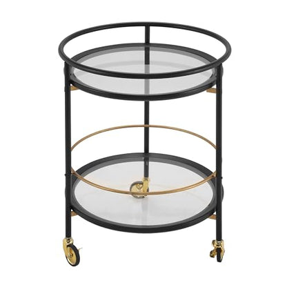 GDFStudio Modern Round Bar Cart with Dual Tempered Glass Shelves, Lockable Wheels and Gold Metal Accents, Rolling Beverage Serving Cart for Living Room, Kitchen or Dining Space,Black and Gold Finish - color: Black,gold