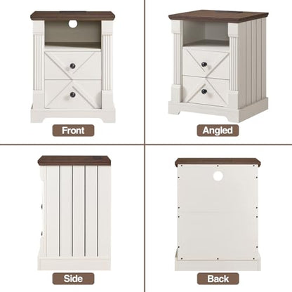 BuildHom 18" Farmhouse Nightstand with Charging Station,2 Interchangeable Drawers End Table, Roman Column Bedside Table with Open Shelf for Bedroom(Antique White) - color: Antique White