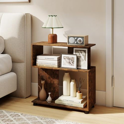 GOFLAME 3-Tier Geometric Bookcase, S-Shaped Bookshelf with 2 Open Back Compartments, Modern Display Rack, Narrow Compact Side End Table Nightstand for Living Room, Home Office (1,Rustic Brown) - color: Rustic Brown