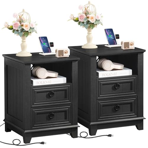 Joaxswe 18" Night Stands Set of 2 with Charging Station, Farmhouse 2 Drawers End Table Dresser for Bedroom, Black Wooden Nightstand, Bed Side Table with Open Shelf, Bedside Cabinet for Living Room - color: Black Set 2, size: 2 Drawers