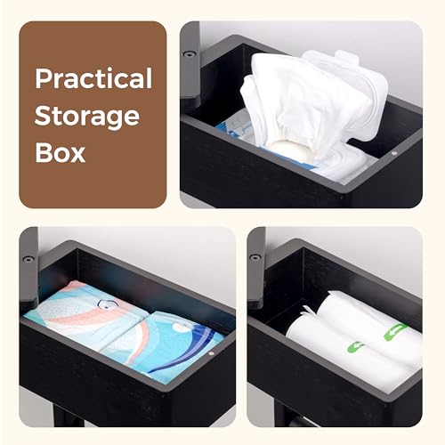 4-in-1 Black Toilet Paper Holder Stand with Storage Shelf Box, 360° Rotating Bamboo Free Standing Toilet Tissue Roll, Toilet Wipes Dispenser Organizer, Temporary Desktop for Bathroom (Patent) | 360° Rotating Bamboo Free Standing Toilet Tissue Roll, Toilet