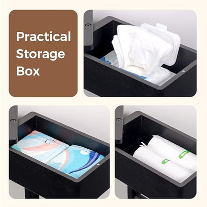 4-in-1 Black Toilet Paper Holder Stand with Storage Shelf Box, 360° Rotating Bamboo Free Standing Toilet Tissue Roll, Toilet Wipes Dispenser Organizer, Temporary Desktop for Bathroom (Patent) | 360° Rotating Bamboo Free Standing Toilet Tissue Roll, Toilet
