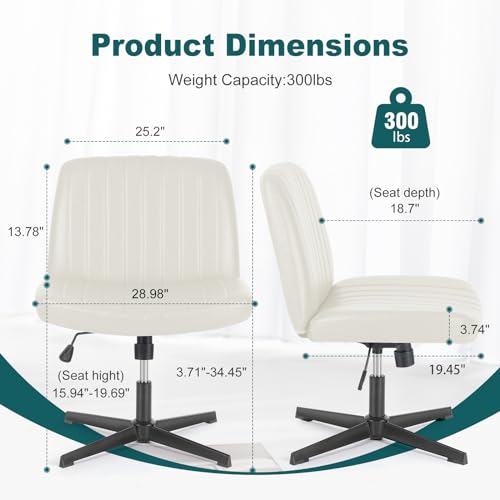 OLIXIS Criss Cross Chair, Vanity Chair, Home Office Desk | Armless No Wheels Wide Seat, Height Adjustable Swivel, Padded PU Leather, Bedroom Student Study, Beige Dual Base - color: Beige Dual Base