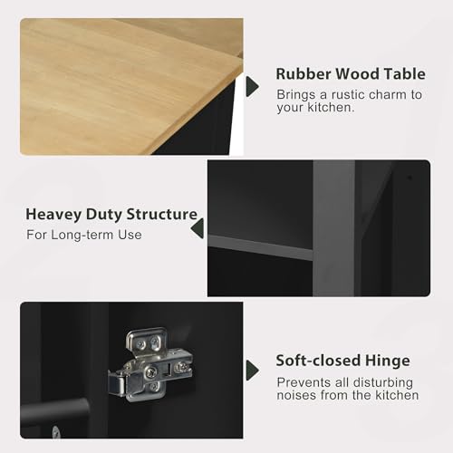 47 Extendable Countertop Coffee Station, Kitchen Storage Cabinets with Power Outlet, Kitchen Island Table with Rubber Wood Veneer for Kitchen use, Black - color: Black