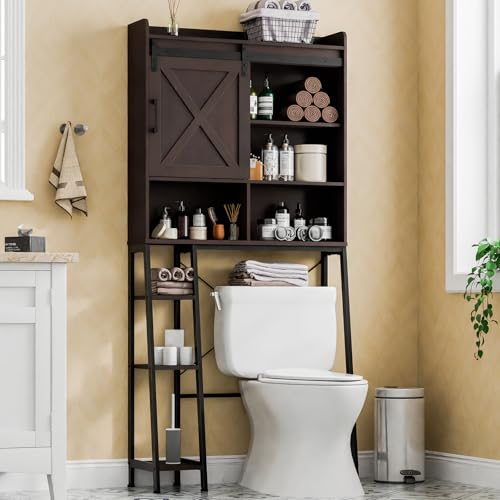 Over The Toilet Storage Cabinet, Farmhouse Storage Cabinet Over Toilet with Sliding Door & Toilet Paper Holder Stand，Home Space-Saving Toilet Rack, for Bathroom, Restroom, Laundry.Espresso - color: Espresso, style: Single Slidding Doors