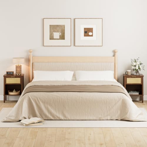 Rattan Nightstand with Drawer and Open Shelf, Boho Side Table with Gold Handle, Small Night Stand, Modern Bedside Table for Bedroom, Walnut - color: Walnut